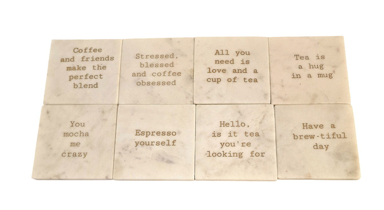 Set of eight Geko Products marble coasters tea coffee with funny coffee and tea quotes