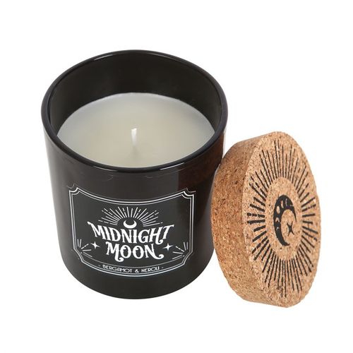 Midnight Moon Bergamot Neroli Candle in a sleek black jar with a decorative cork lid