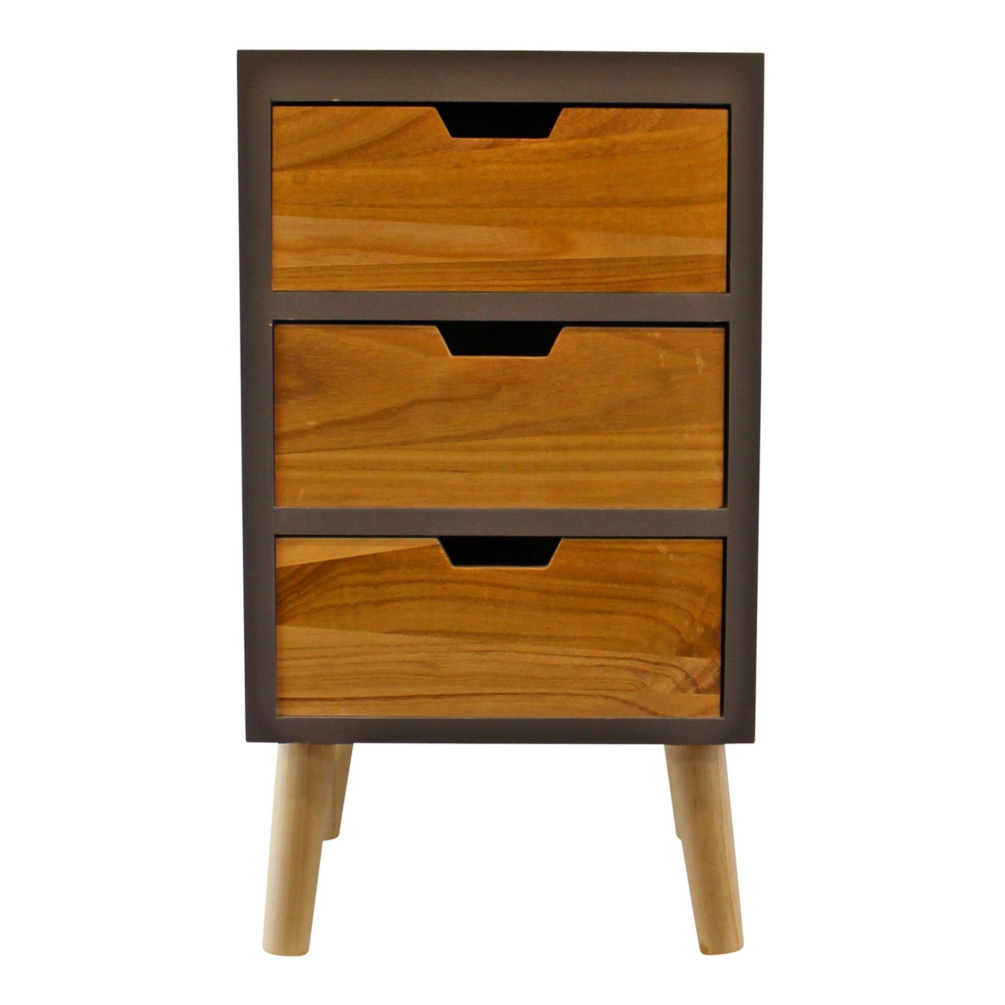 Modern gray chest with natural wood drawers featuring three drawers and wooden legs by Geko Products