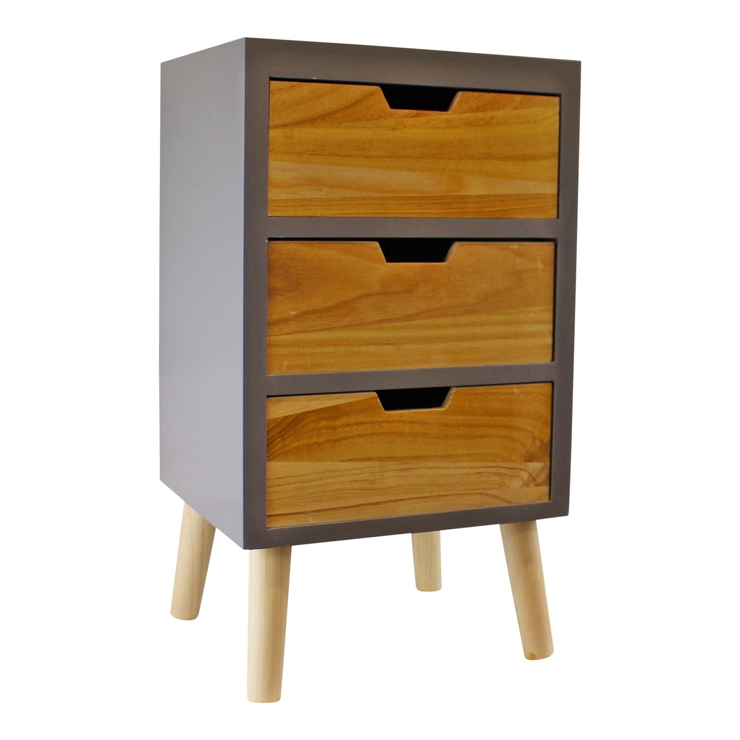 Modern gray chest with natural wood drawers and four wooden legs by Geko Products