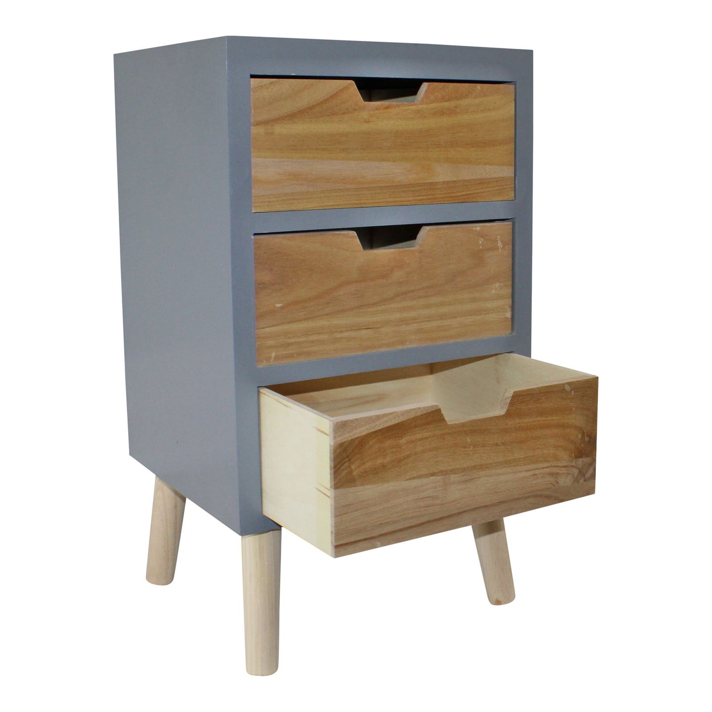 Modern gray chest with natural wood drawers featuring three drawers and angled wooden legs