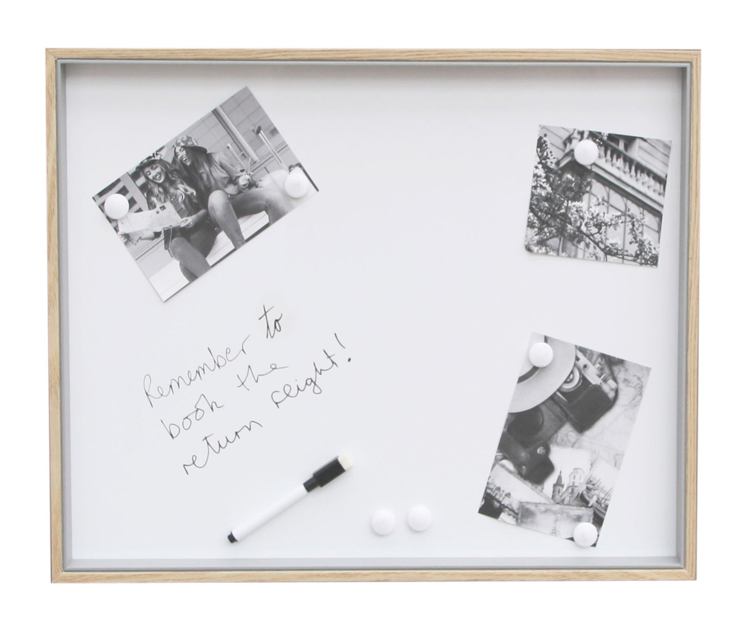 Geko Products magnetic memo board 16x20 with wooden frame, white surface, photos, and dry erase marker