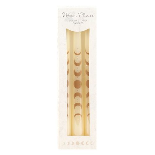 Set of 3 Off White Moon Phase Taper Candles in elegant packaging for stylish dinner decor