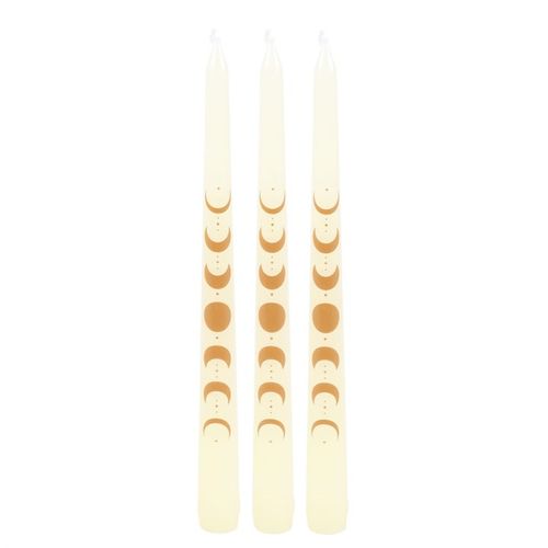 Set of 3 Off White Moon Phase Taper Candles featuring unique lunar designs for elegant dinner decoration