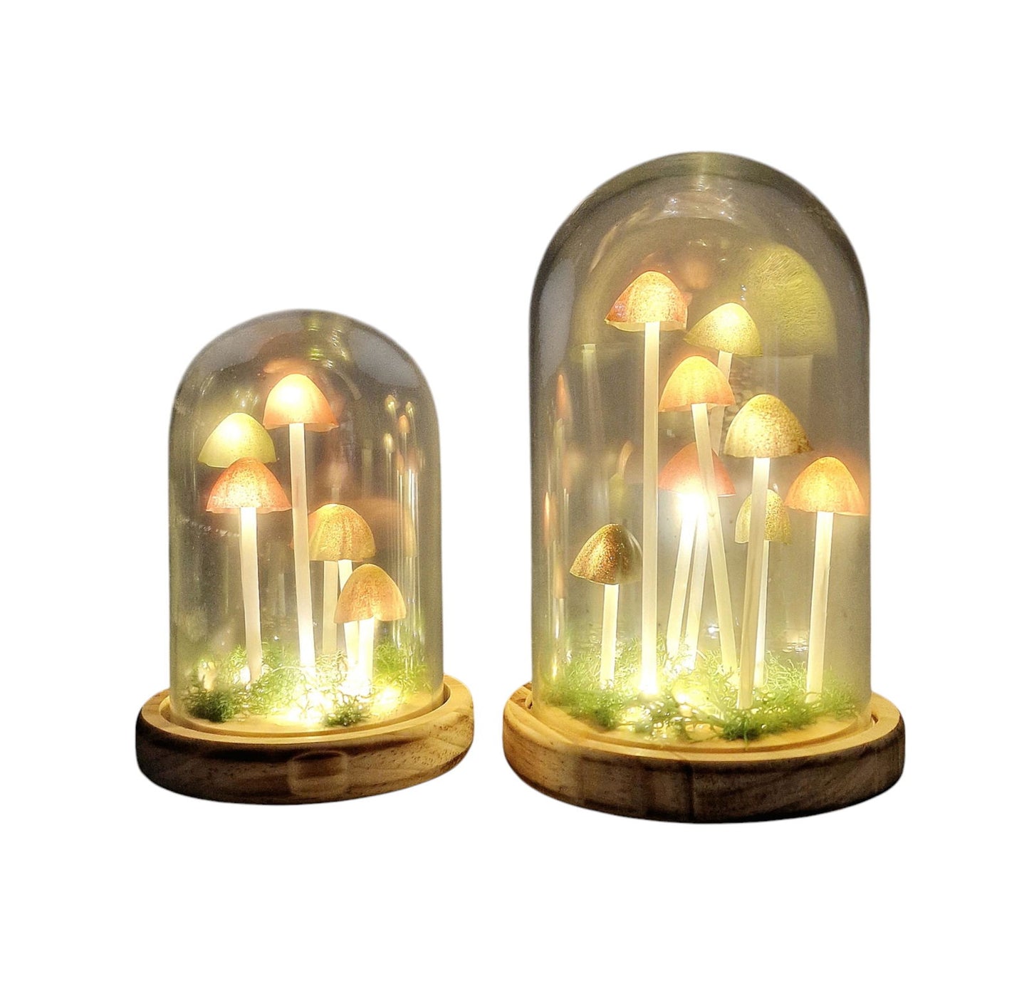 Geko Products mushroom glass globe lamp with glowing mushroom shapes inside wooden base glass domes