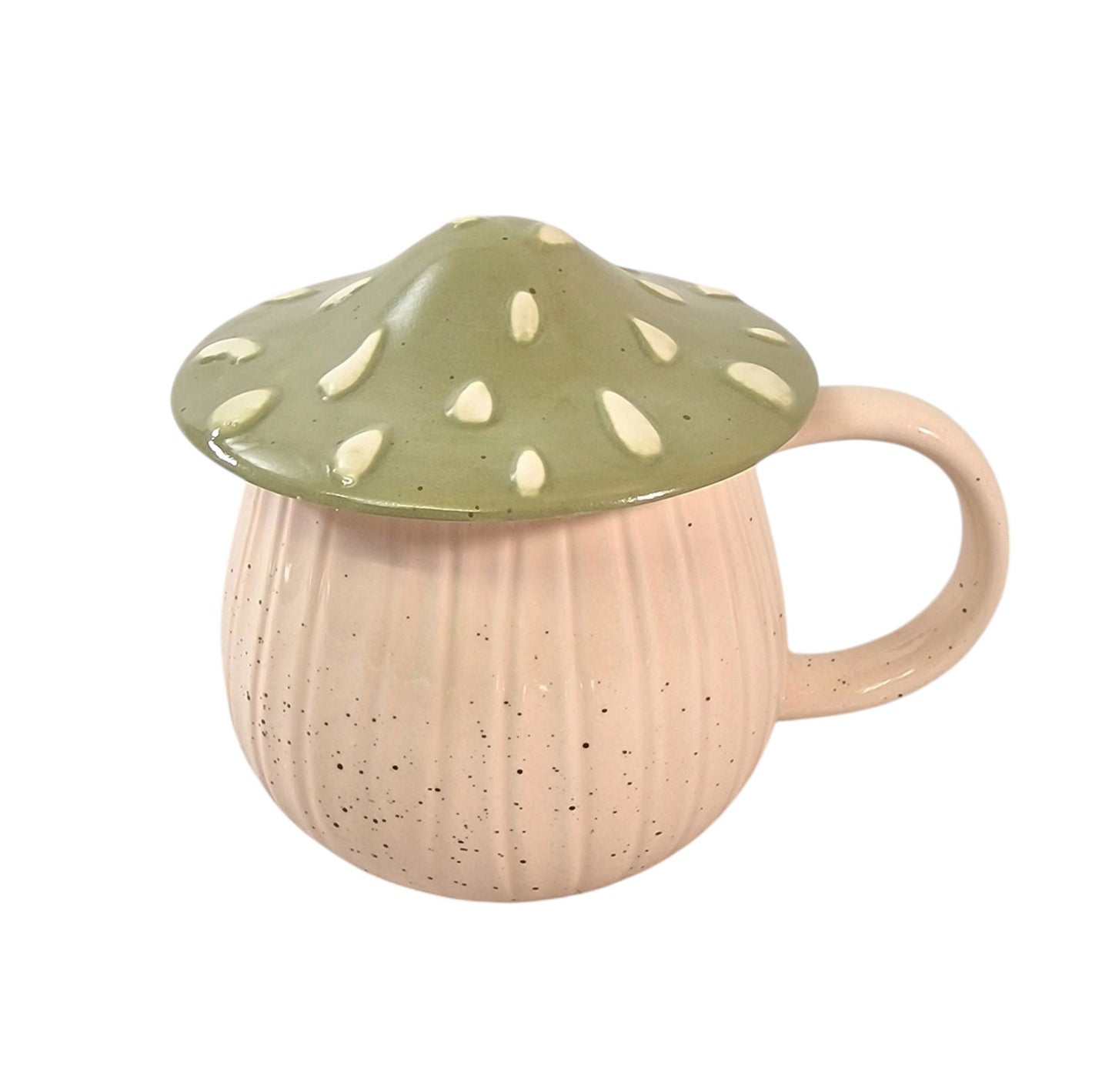 Geko Products ceramic mushroom shape mug set with green spotted lid and beige speckled body