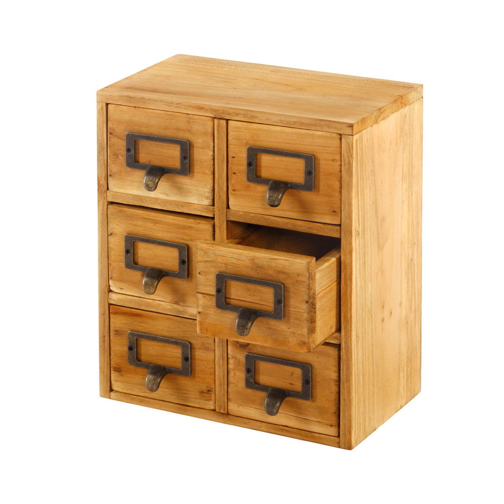 Geko Products wooden six drawer organizer with metal handles and label holders for home or office