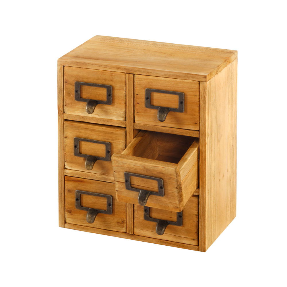 Geko Products wooden six drawer organizer with metal label holders and one drawer partially open