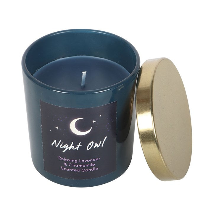Night Owl lavender candle in teal jar with gold lid for relaxation and calm aromatherapy