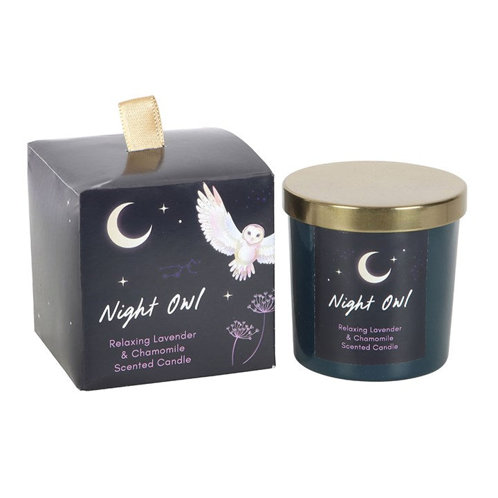 Night Owl lavender candle in a stylish jar for relaxation and calm aromatherapy, perfect for creating a soothing atmosphere.