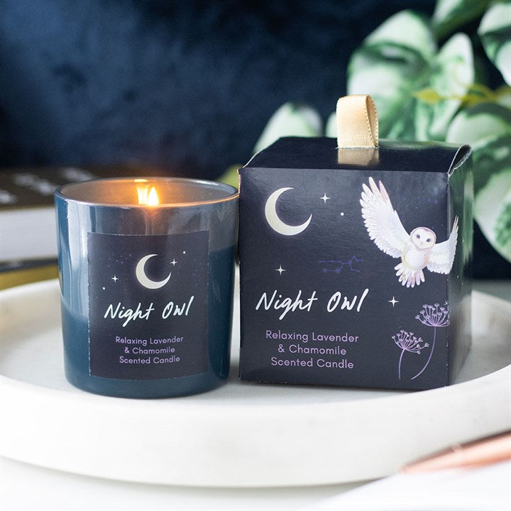 Night Owl lavender candle in a blue jar with chamomile for relaxation and aromatherapy