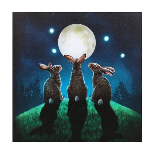 Moon Shadows Light Up Canvas Plaque featuring rabbits gazing at the night sky canvas painting by Lisa Parker