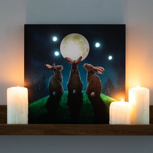 Moon Shadows Light Up Canvas Plaque featuring rabbits under a night sky canvas painting