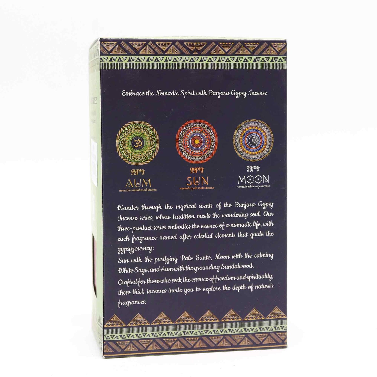 Gypsy Nomadic Incense AUM packaging showcasing mystical scents and vibrant designs for spiritual tranquility