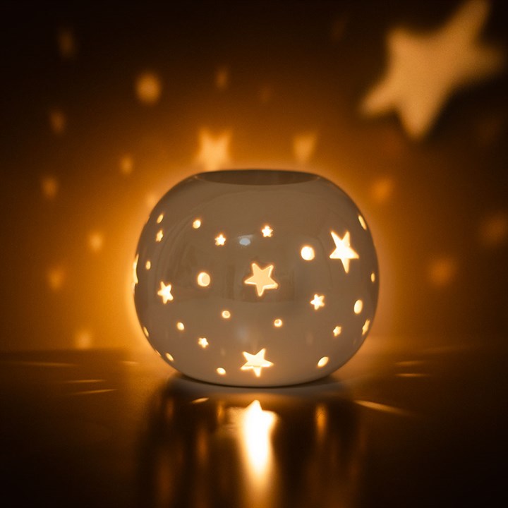 White Iridescent Star Oil Burner and Wax Warmer, ceramic oil burner with stars design