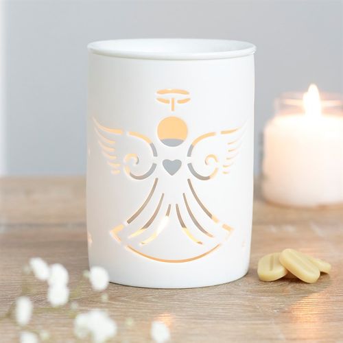 Elegant white oil burner for Reiki with angel design and soft glowing light for relaxation
