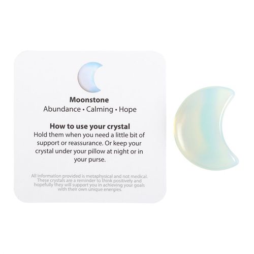 Stay Wild Opalite Crystal Moon displayed next to usage card, perfect for calming and hope
