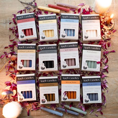 Pack of 12 Spell Candles in various colors for communication and spiritual rituals