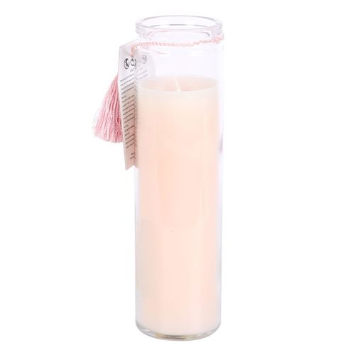 Pink grapefruit candle in glass container with a tassel, featuring a sun tarot card design