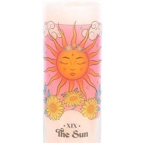 Pink grapefruit candle featuring The Sun tarot card design with a vibrant sun and flowers