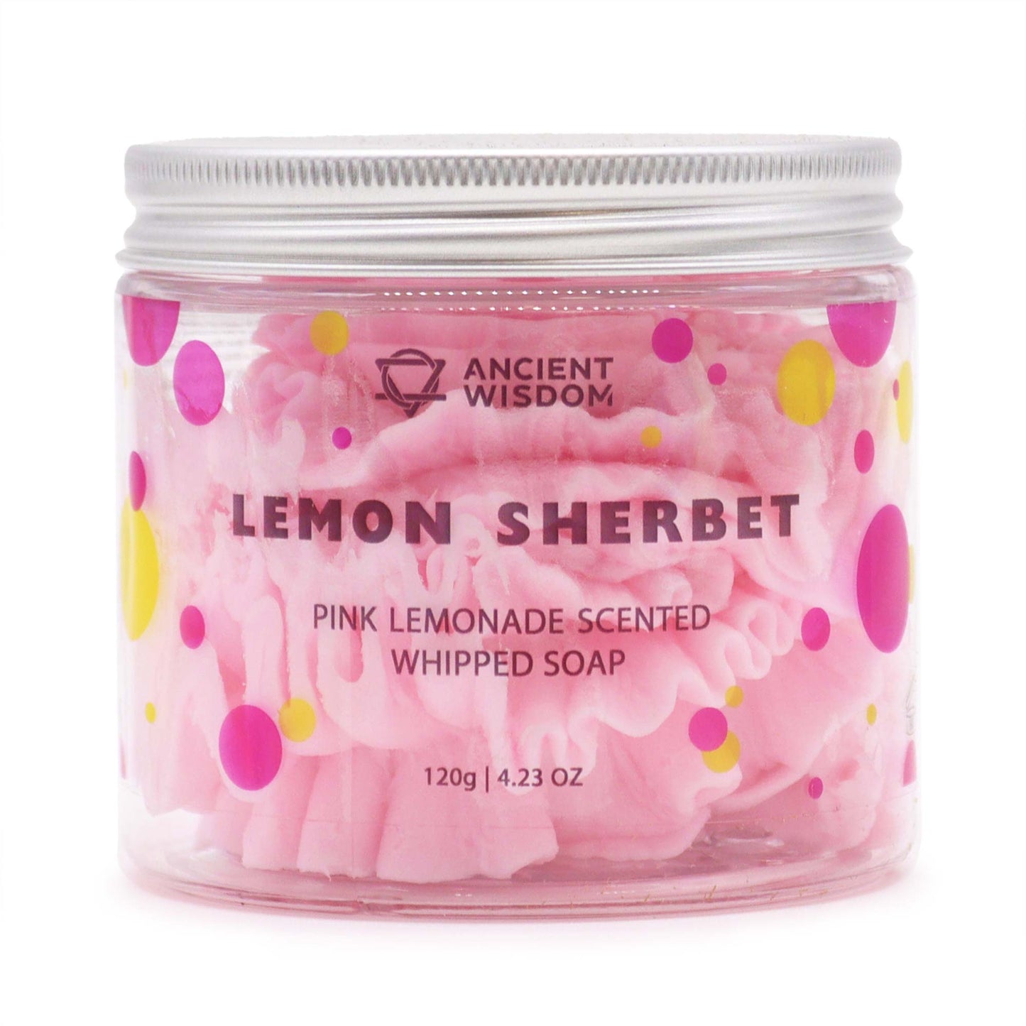 Pink Lemonade Whipped Soap in a transparent jar, featuring fluffy pink texture and vibrant polka dots