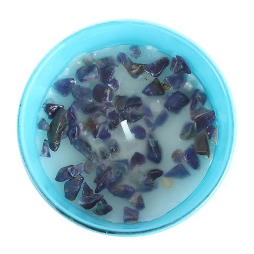 Pisces gardenia candle with gemstone accents in blue container from Kimchi Toki