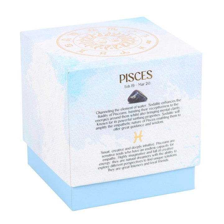 Pisces gardenia candle presented in a stylish box displaying zodiac details and soothing colors