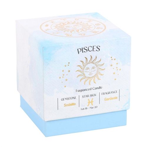 Pisces gardenia candle in decorative box featuring zodiac sign and fragrance details