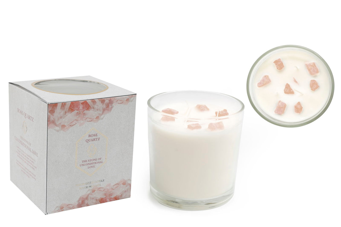 Geko Products Rose Quartz Candle for Healing in glass container with pink crystal pieces and decorative box