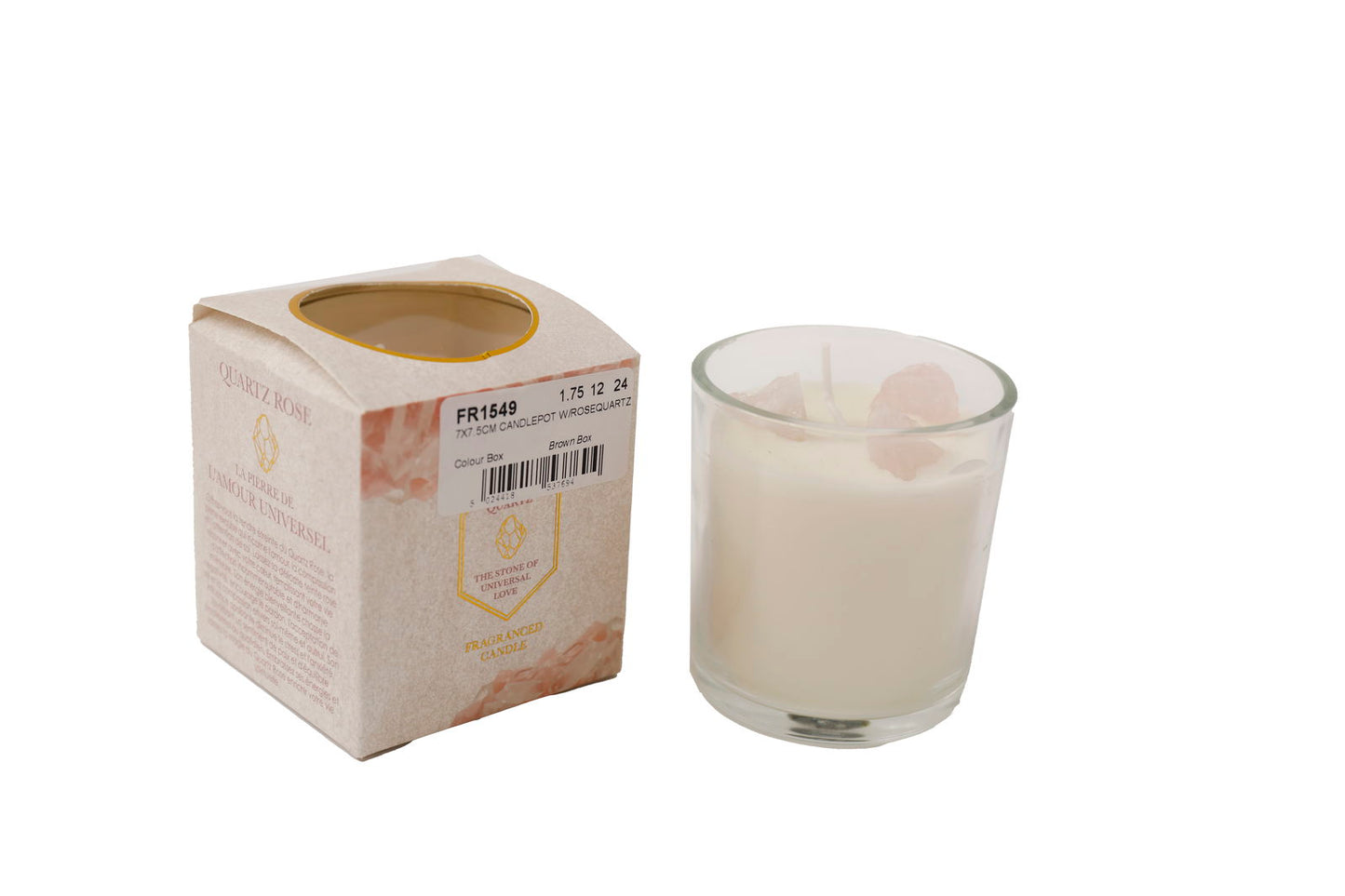 Geko Products rose quartz candle in clear glass with pink rose quartz crystal and packaging box