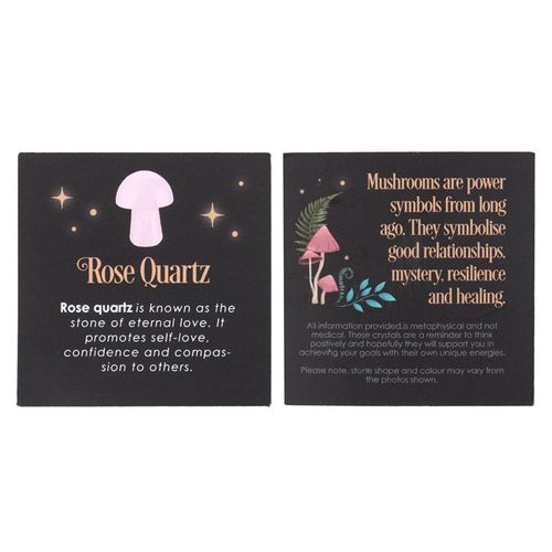 Rose Quartz Crystal Mushroom with informative card about love, resilience, and healing