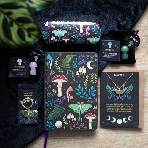 Crystal set featuring a rose quartz crystal mushroom among enchanting designs, pens, and accessories