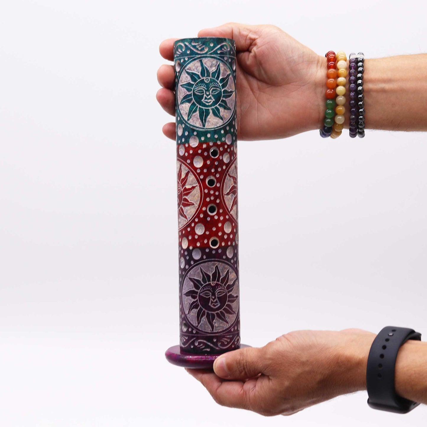 Soapstone Round Tower Incense Burner with intricate sun designs for a harmonious atmosphere