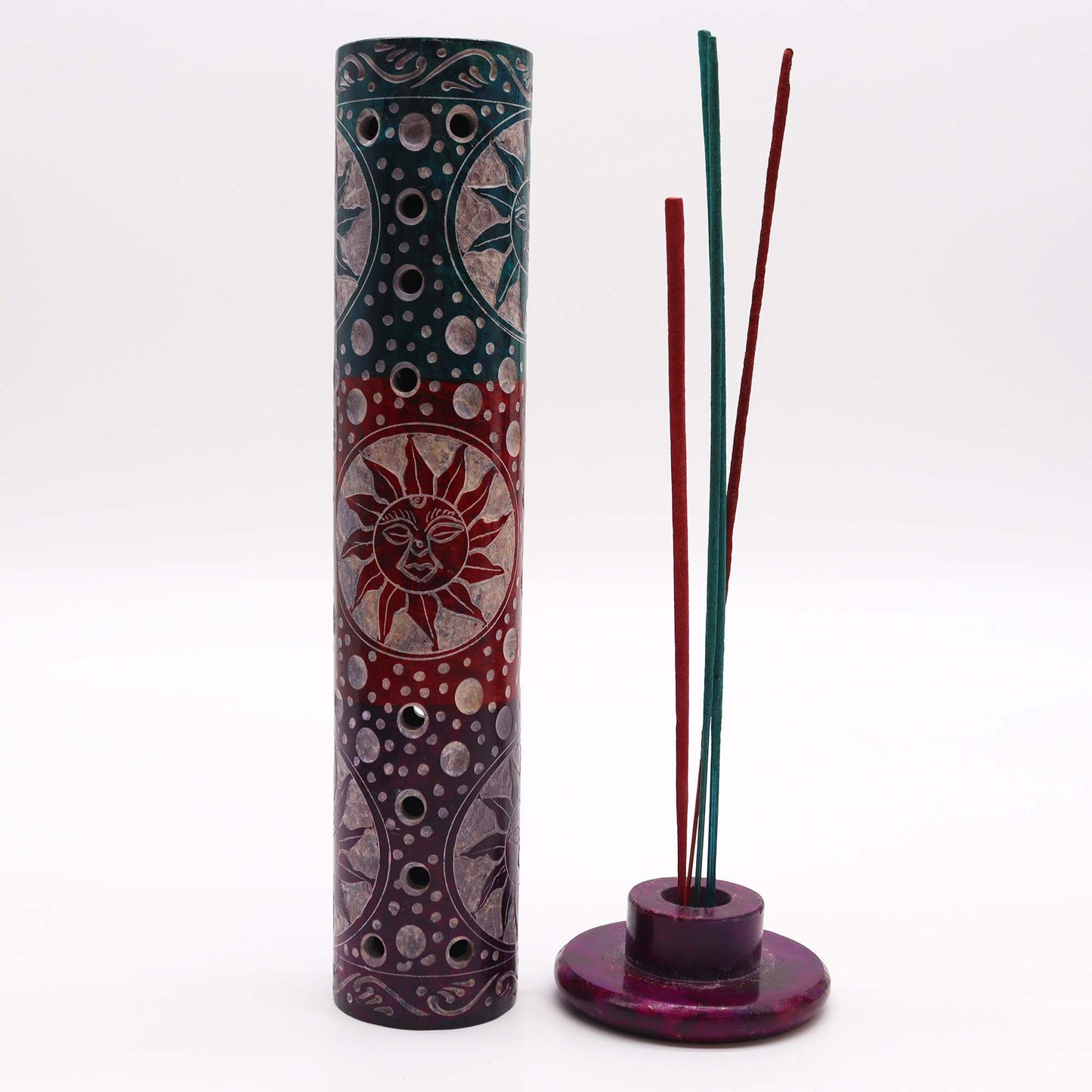Round tower incense burner with intricate sun design, perfect for holding incense sticks and enhancing spiritual ambiance.