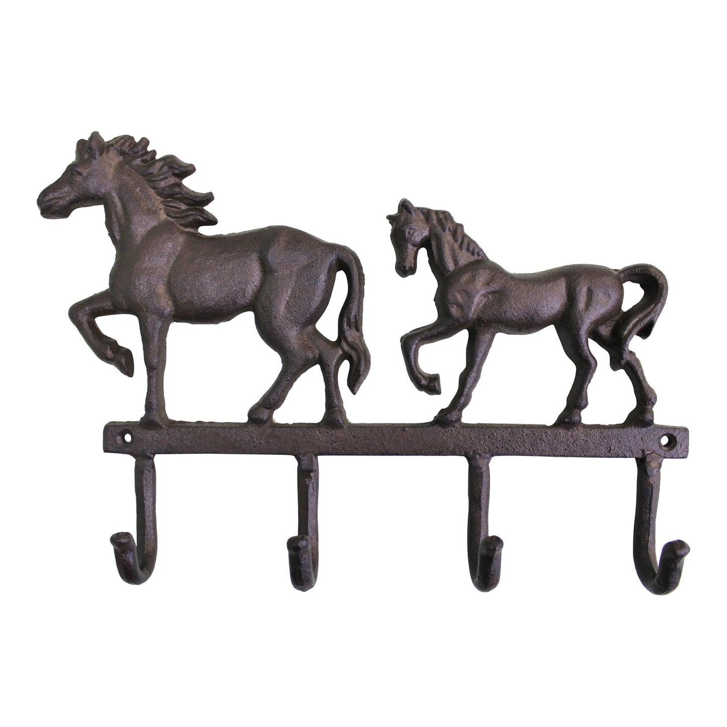 Rustic Cast horse wall hooks with two horse figures and four hooks for hanging items
