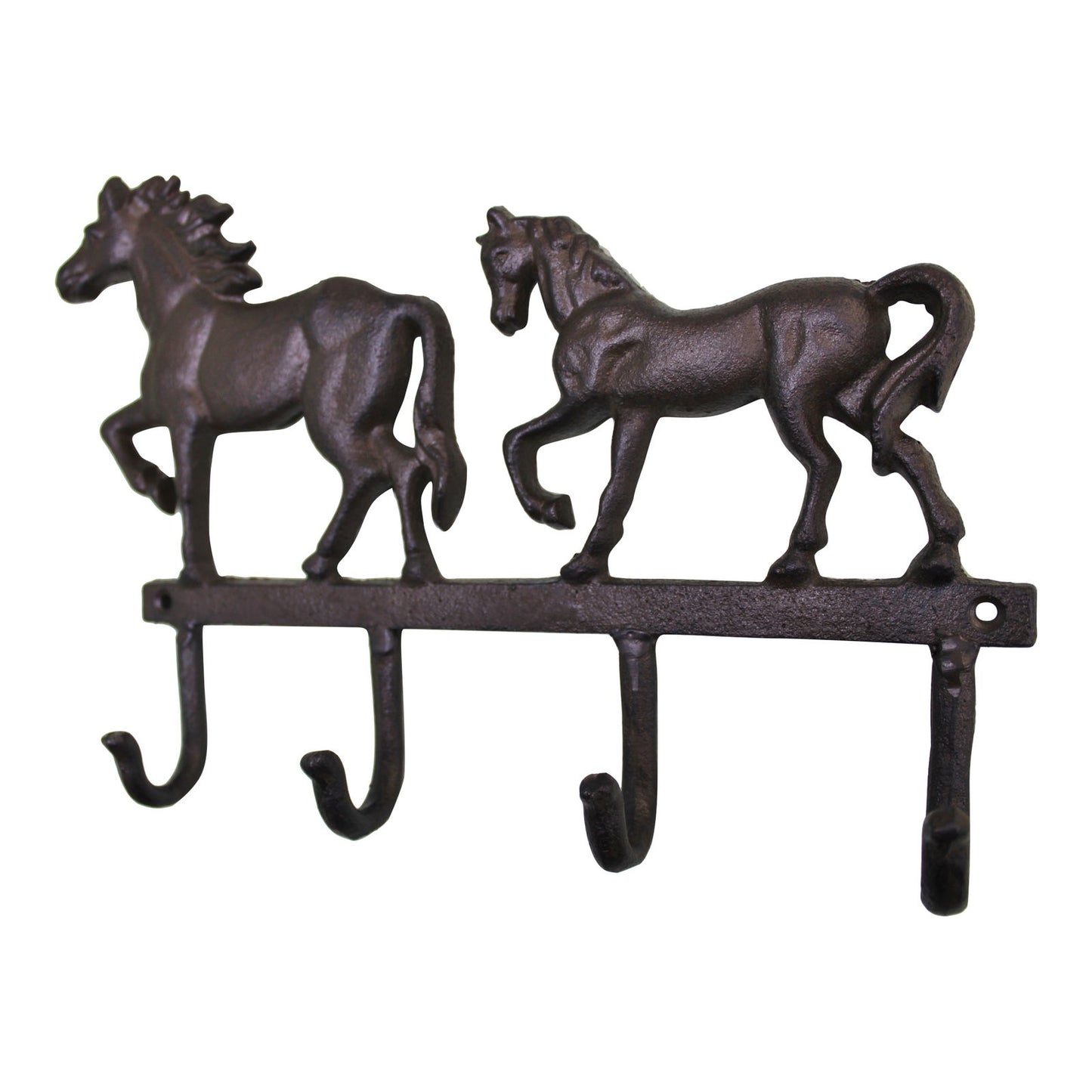 Rustic Cast horse wall hooks with two horse figures and four hooks in dark cast iron finish
