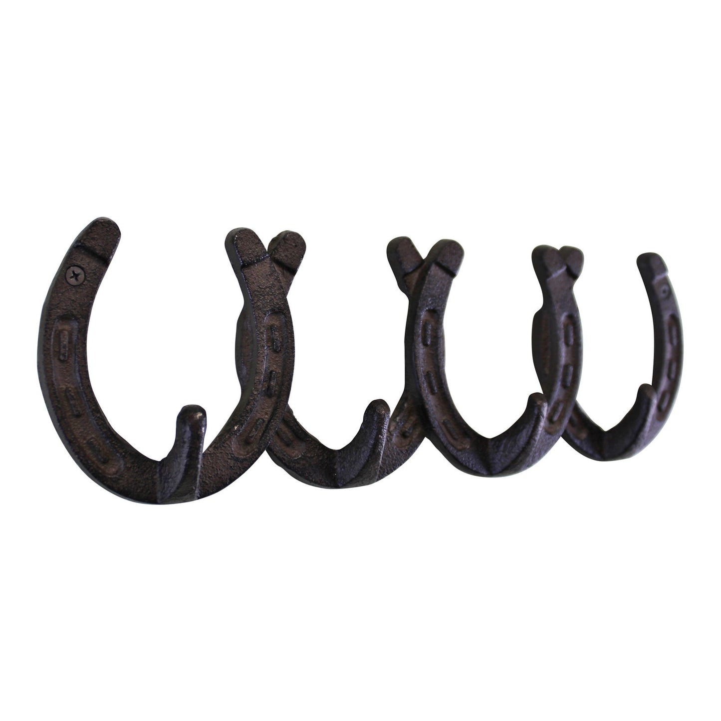 Rustic cast iron wall hooks shaped like horseshoes with a dark brown finish for hanging items