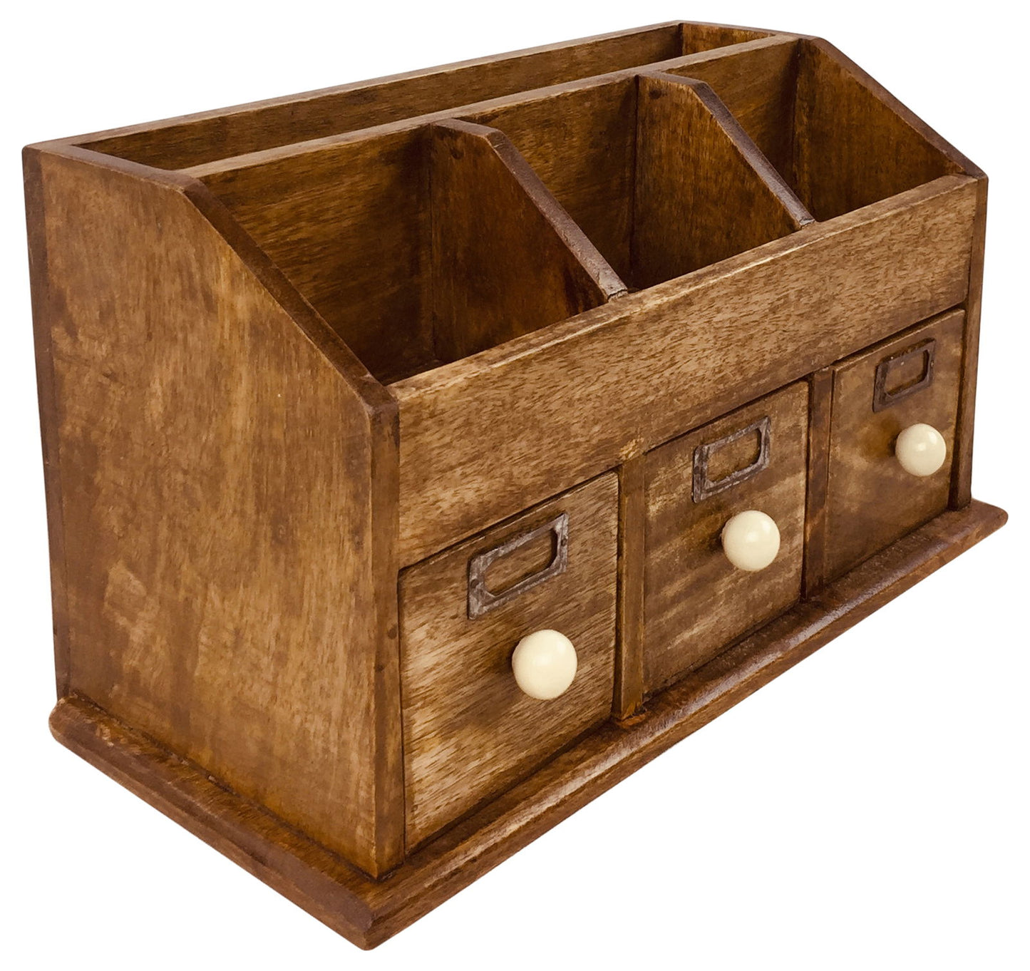 Geko Products rustic desktop organizer with drawers made of brown wood for office or home use