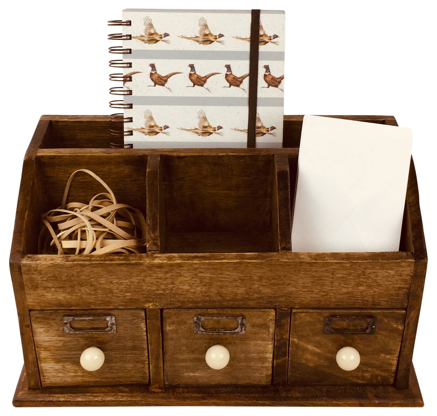 Geko Products rustic desktop organizer with drawers holding a notebook rubber bands and paper