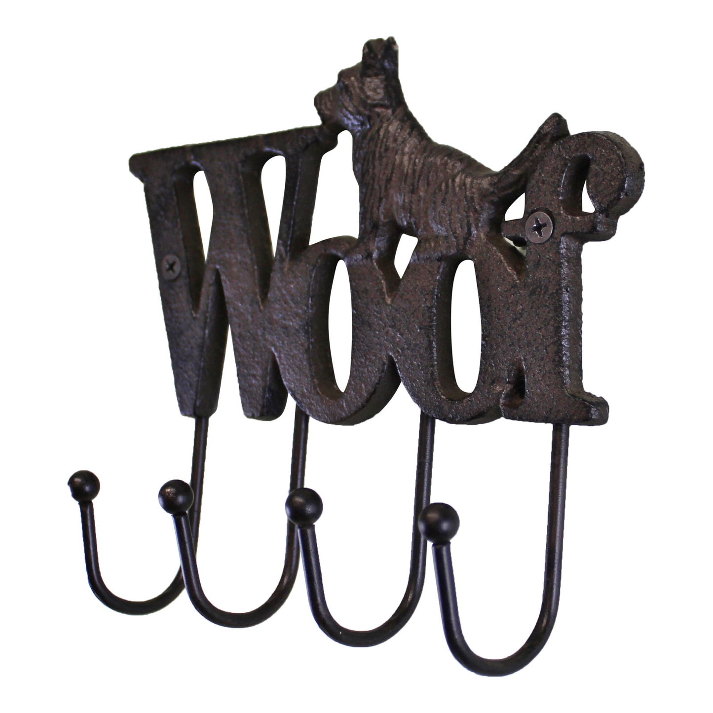Geko Products rustic dog wall hooks with four metal hooks and dog silhouette spelling Woof