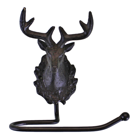 Rustic stag head toilet roll holder by Geko Products with dark metal finish and detailed antlers
