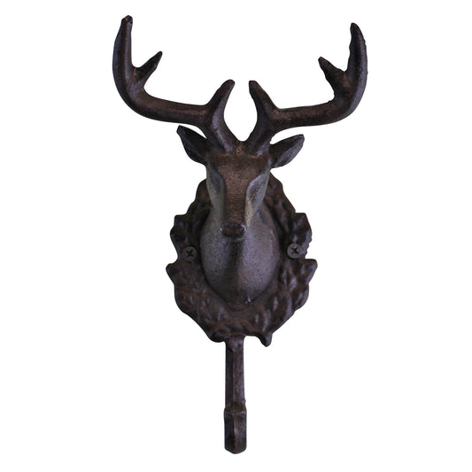 Rustic stag wall hooks featuring a dark metal deer head with antlers for decorative hanging