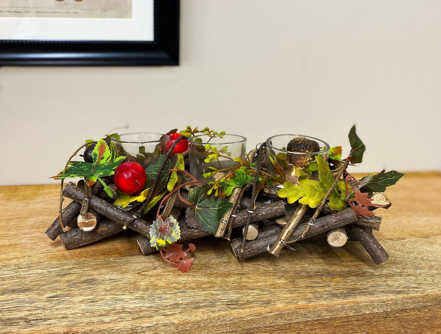 Geko Products rustic triple tea light centerpiece with faux leaves, red berries, and wood twig base
