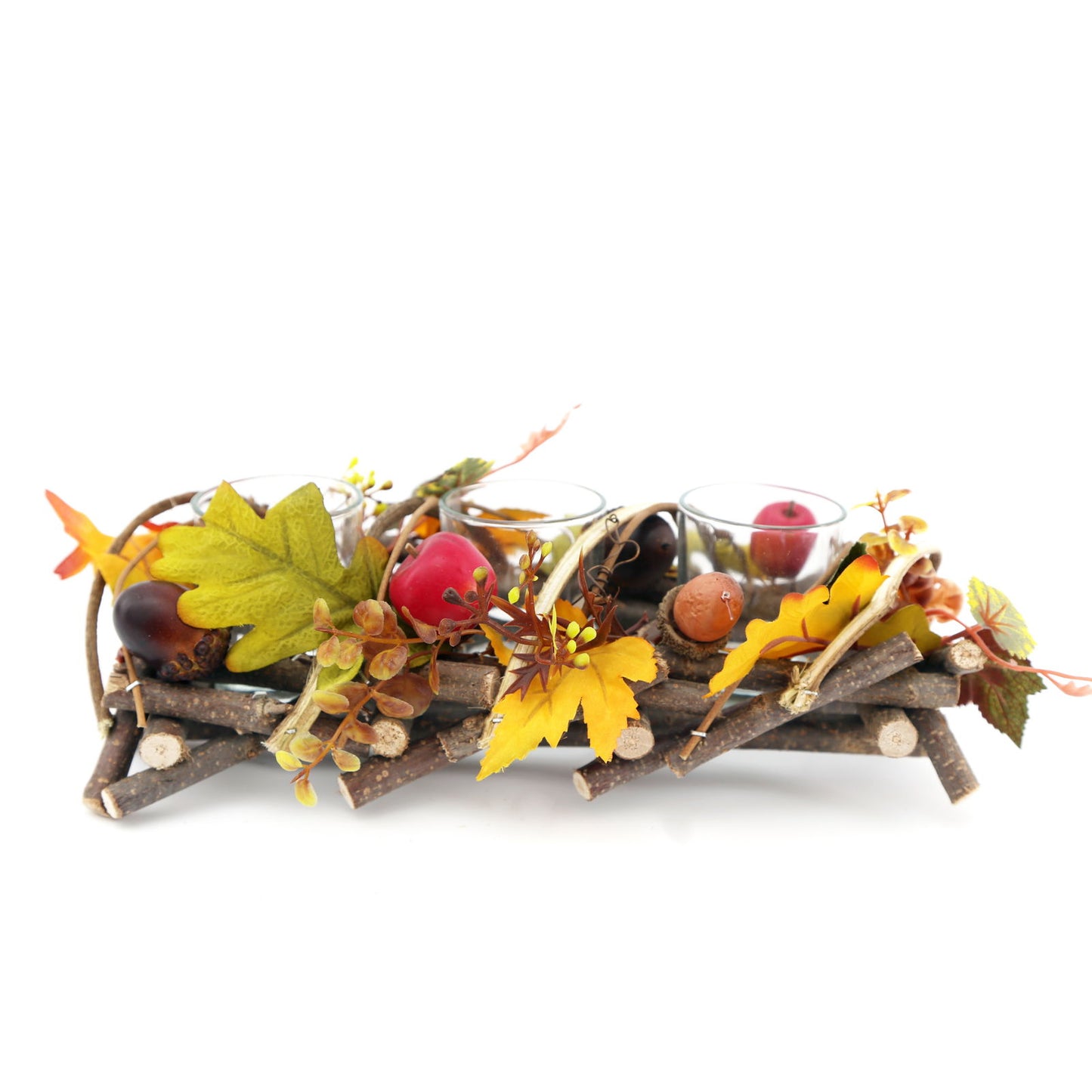 Geko Products triple tea light centerpiece with autumn leaves, berries, and twigs decorative holder