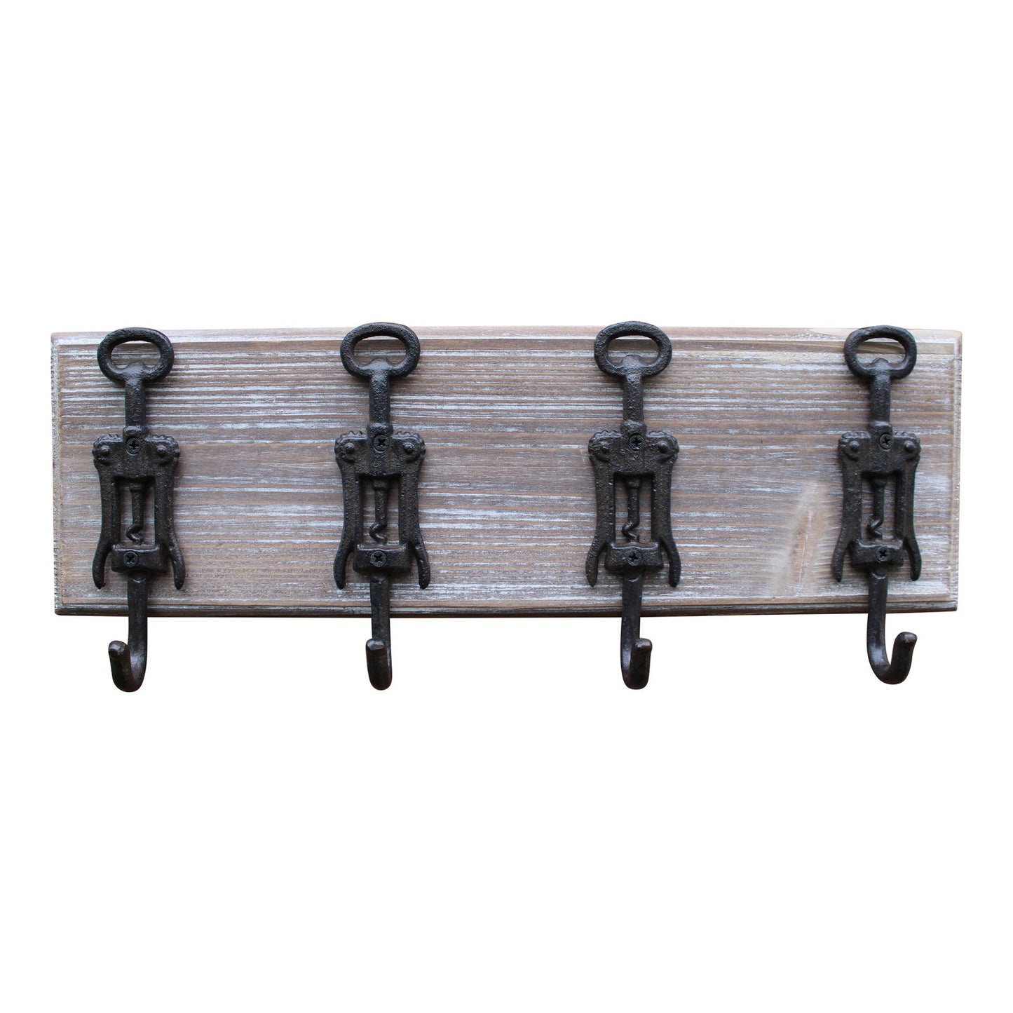 Rustic wall hooks cast iron mounted on a wooden plank with four vintage-style key-shaped hooks