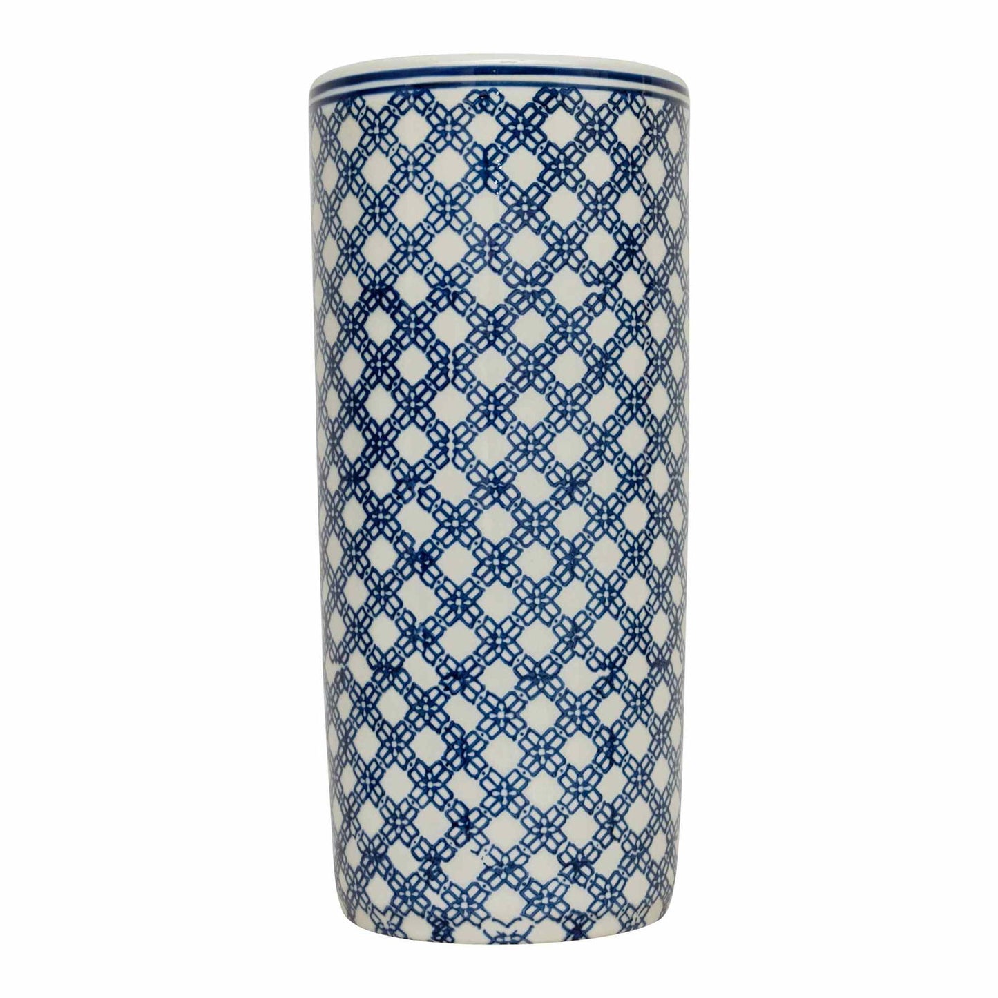 Geko Products floral umbrella stand with blue geometric pattern on white ceramic surface