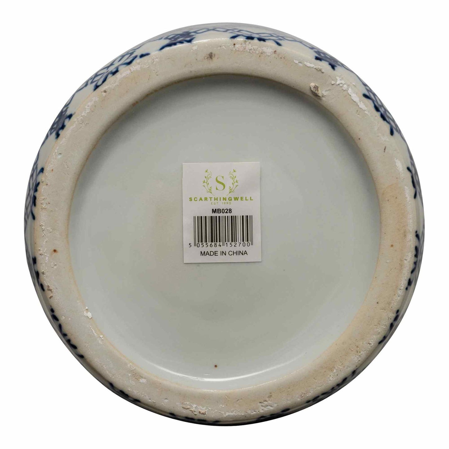 Bottom view of a ceramic floral umbrella stand with blue flower pattern by Geko Products