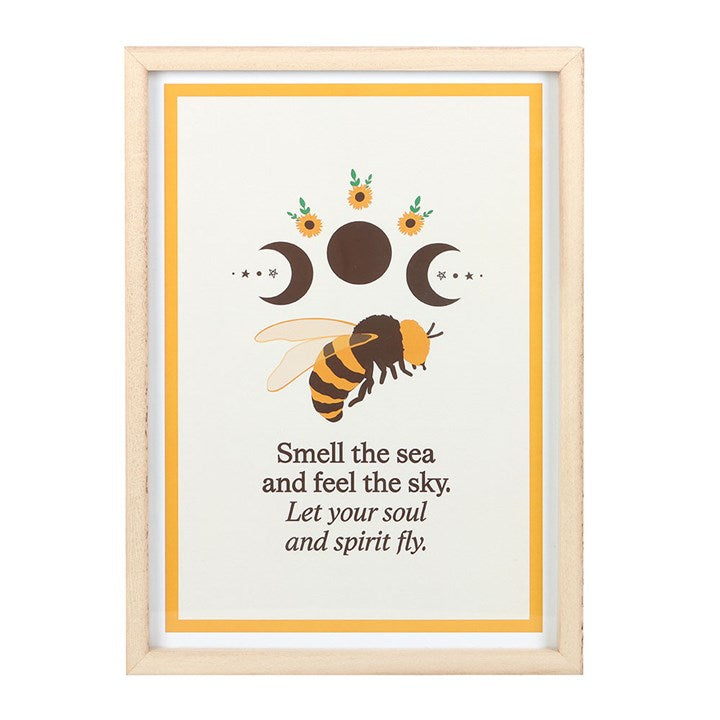 Summer Solstice Bee Wall Art featuring a bee, moon phases, and sunflowers in a framed print
