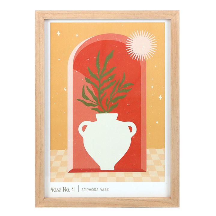 Elegant vase wall art print framed in wood with a plant design and colorful background for home decor