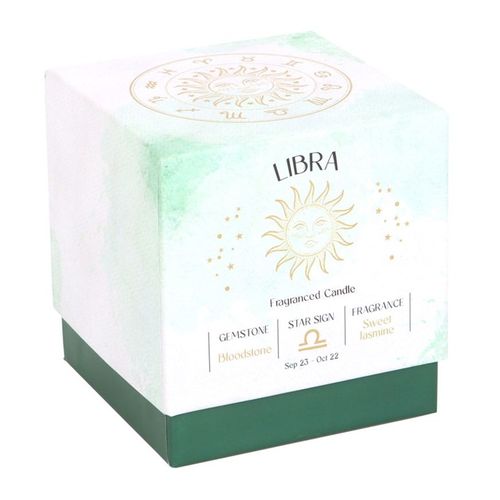 Libra zodiac candle featuring sweet jasmine scent and gemstone design in elegant packaging